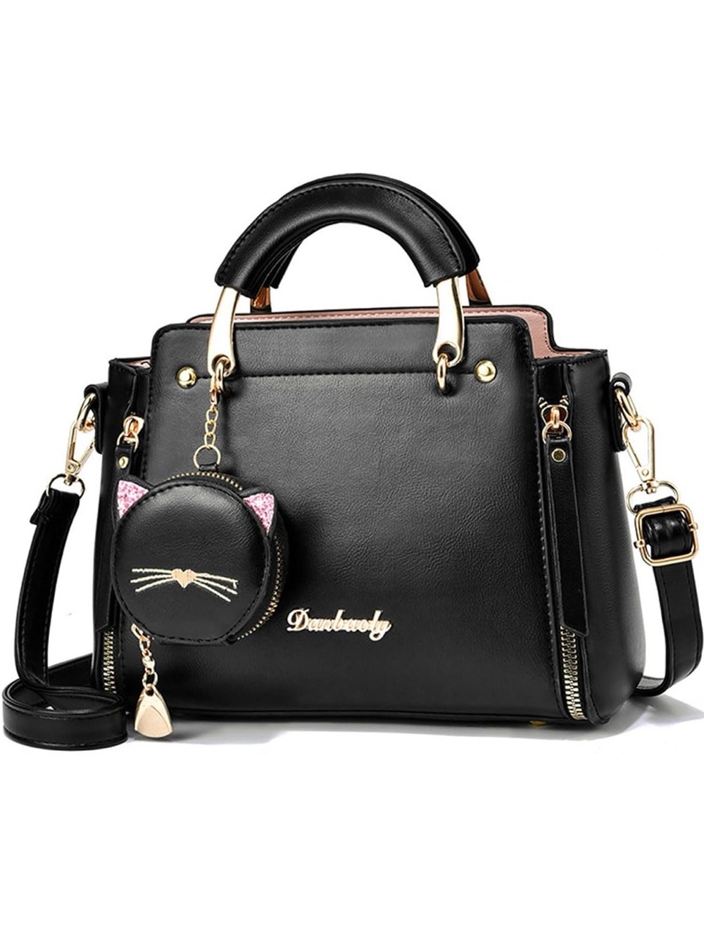 Black Satchel Crossbody Handbag with Cat Coin Pouch